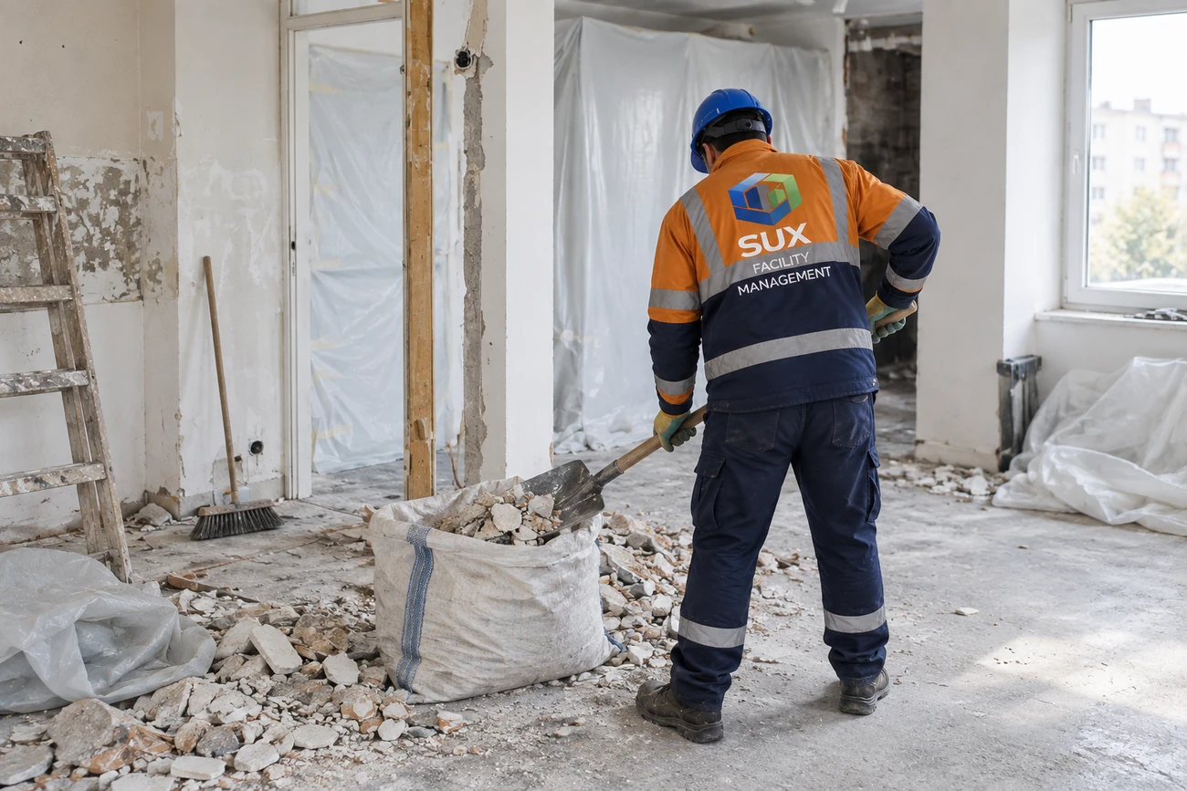 SUX-Mitarbeiter sammelt Bauschutt bei der Baustellenreinigung